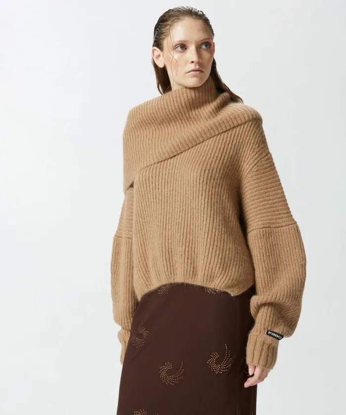 Women Knitwear Pinko Ribbed Pullover With Large Foldover Neck Beige 8211 Light Brown Women Knitwear Pinko Ribbed Pullover With Large Foldover Neck Beige 8211 Light Brown