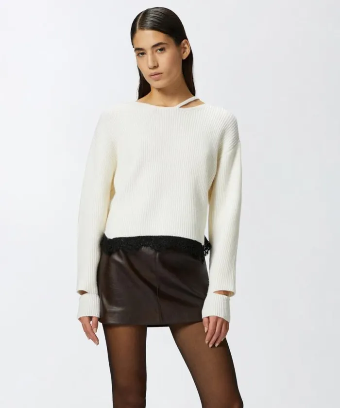 Women Knitwear Pinko Ribbed Sweater With Lace At The Hem Pure White