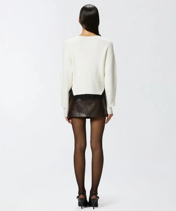 Women Knitwear Pinko Ribbed Sweater With Lace At The Hem Pure White Women Knitwear Pinko Ribbed Sweater With Lace At The Hem Pure White