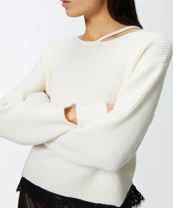 Women Knitwear Pinko Ribbed Sweater With Lace At The Hem Pure White Women Knitwear Pinko Ribbed Sweater With Lace At The Hem Pure White