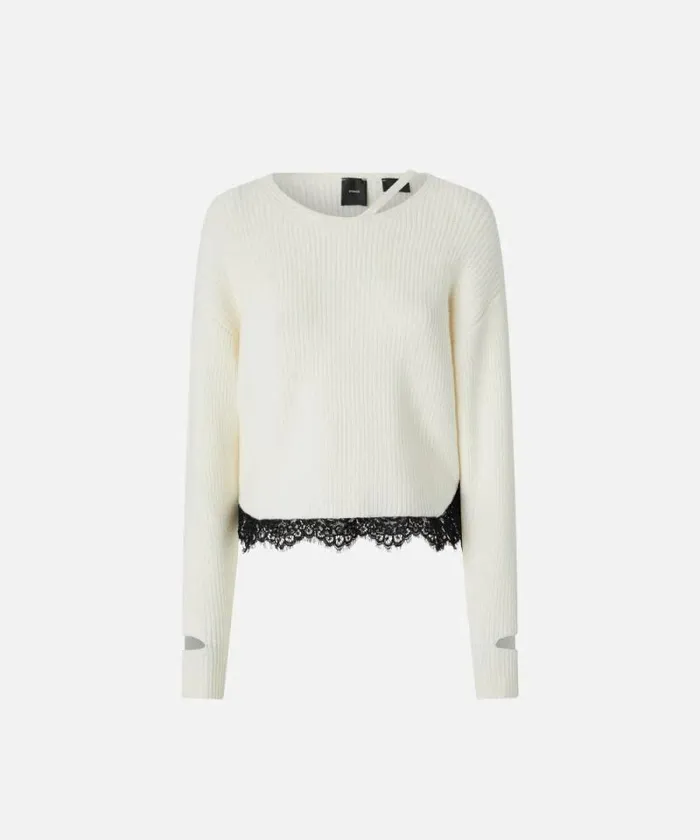 Women Knitwear Pinko Ribbed Sweater With Lace At The Hem Pure White Women Knitwear Pinko Ribbed Sweater With Lace At The Hem Pure White