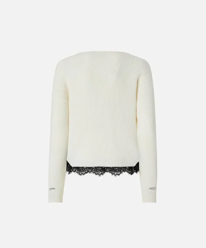 Women Knitwear Pinko Ribbed Sweater With Lace At The Hem Pure White Women Knitwear Pinko Ribbed Sweater With Lace At The Hem Pure White