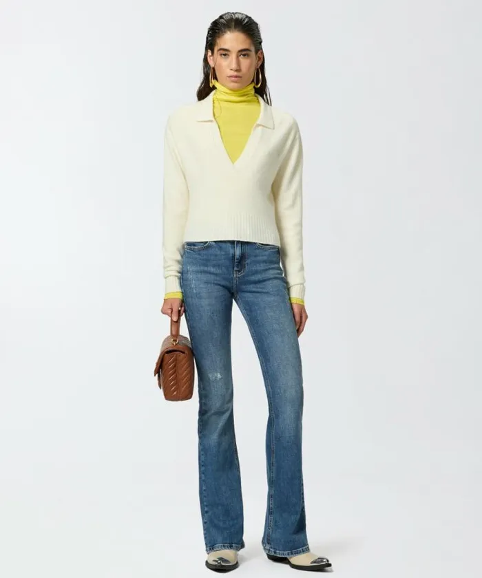Women Knitwear Pinko Short Cashmereblend Sweater With Collar Pure White Women Knitwear Pinko Short Cashmereblend Sweater With Collar Pure White
