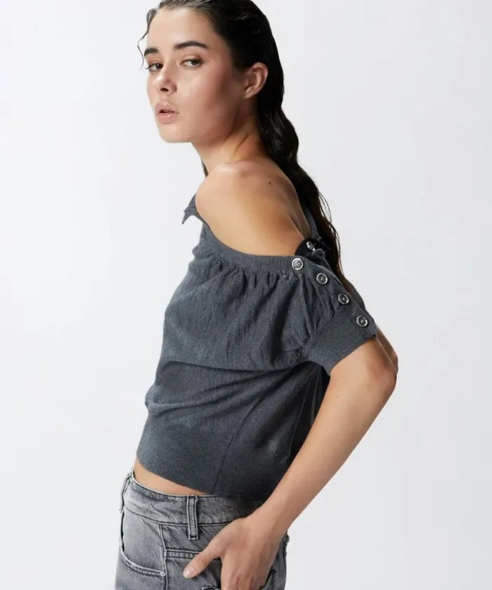 Women Knitwear Pinko Shortsleeved Short Sweater With Buttons Greycrow Women Knitwear Pinko Shortsleeved Short Sweater With Buttons Greycrow
