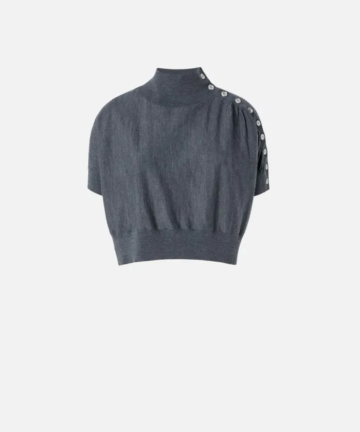 Women Knitwear Pinko Shortsleeved Short Sweater With Buttons Greycrow Women Knitwear Pinko Shortsleeved Short Sweater With Buttons Greycrow