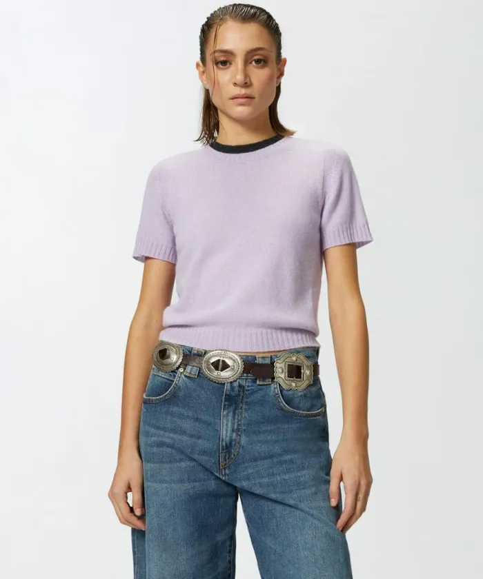 Women Knitwear Pinko Short Sweater With Contrasting Edging Pinkgrey Melange