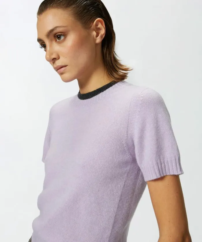 Women Knitwear Pinko Short Sweater With Contrasting Edging Pinkgrey Melange Women Knitwear Pinko Short Sweater With Contrasting Edging Pinkgrey Melange