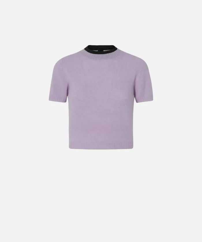 Women Knitwear Pinko Short Sweater With Contrasting Edging Pinkgrey Melange Women Knitwear Pinko Short Sweater With Contrasting Edging Pinkgrey Melange