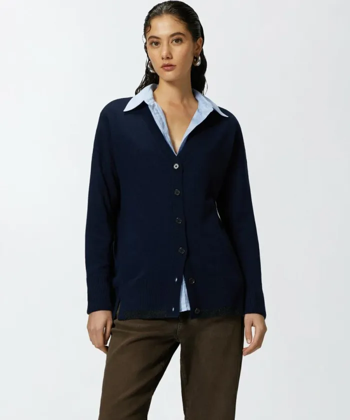 Women Knitwear Pinko Wool And Cashmere Cardigan With Lurex Edging Dark Navy Blue Women Knitwear Pinko Wool And Cashmere Cardigan With Lurex Edging Dark Navy Blue