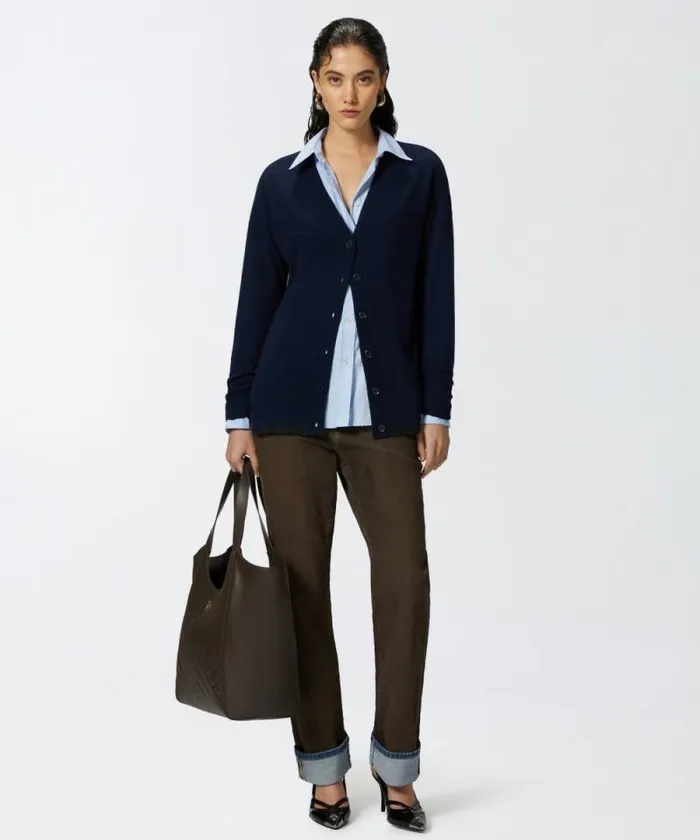 Women Knitwear Pinko Wool And Cashmere Cardigan With Lurex Edging Dark Navy Blue Women Knitwear Pinko Wool And Cashmere Cardigan With Lurex Edging Dark Navy Blue