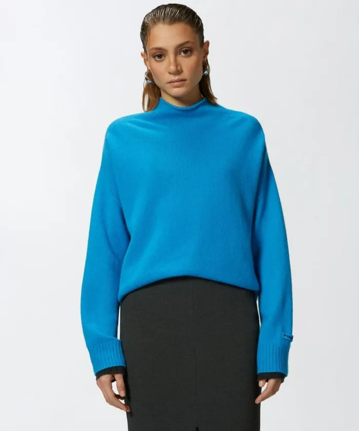 Women Knitwear Pinko Wool And Cashmere Sweater With Standup Collar Turquoisegrey
