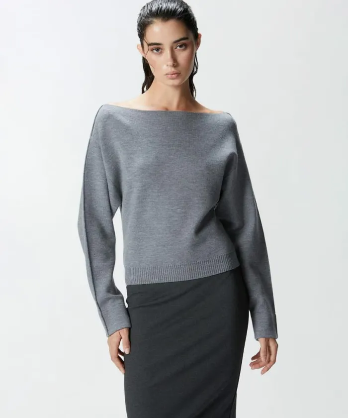 Women Knitwear Pinko Wool Sweater With Boat Neckline Folklore Grey