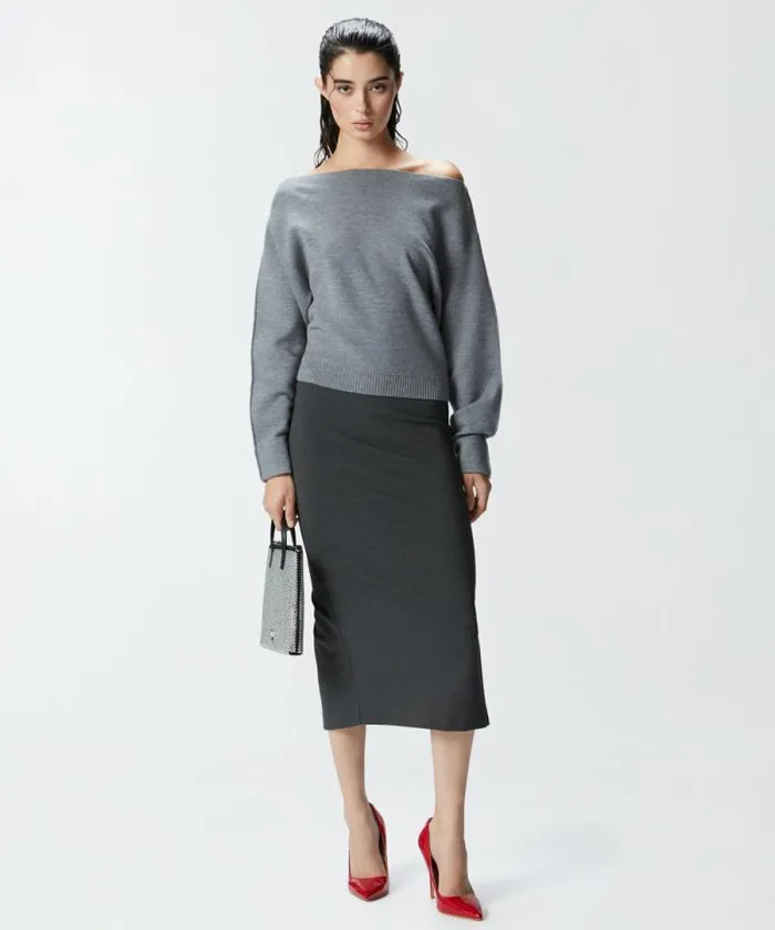 Women Knitwear Pinko Wool Sweater With Boat Neckline Folklore Grey Women Knitwear Pinko Wool Sweater With Boat Neckline Folklore Grey