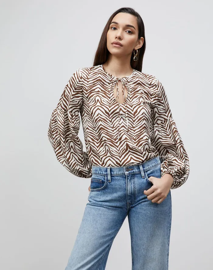 Women Lafayette 148 New York Blouses and Shirts Petite Lupe Blouse In Mini Zevron Print Shantung Mahogany Multi