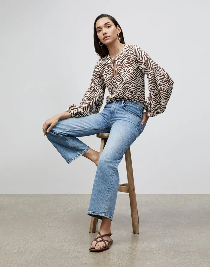 Women Lafayette 148 New York Blouses and Shirts Petite Lupe Blouse In Mini Zevron Print Shantung Mahogany Multi