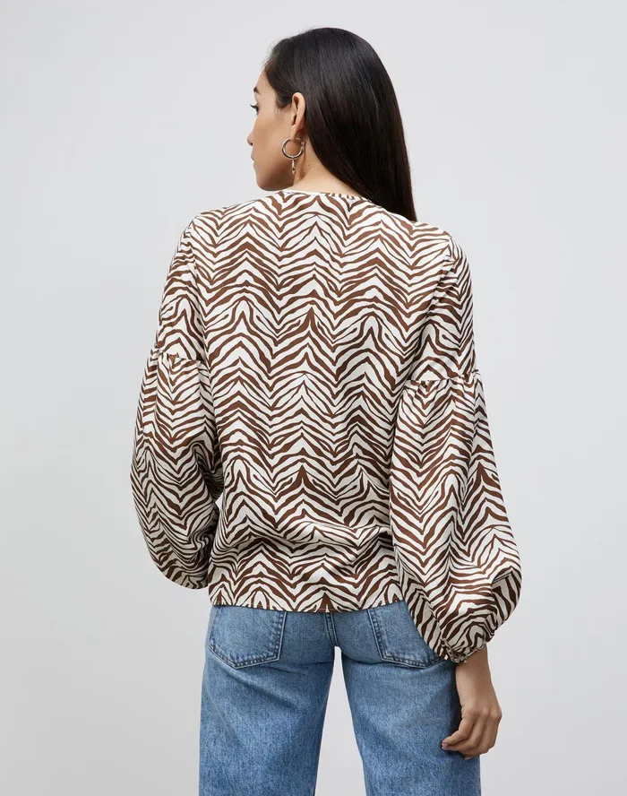 Women Lafayette 148 New York Blouses and Shirts Petite Lupe Blouse In Mini Zevron Print Shantung Mahogany Multi