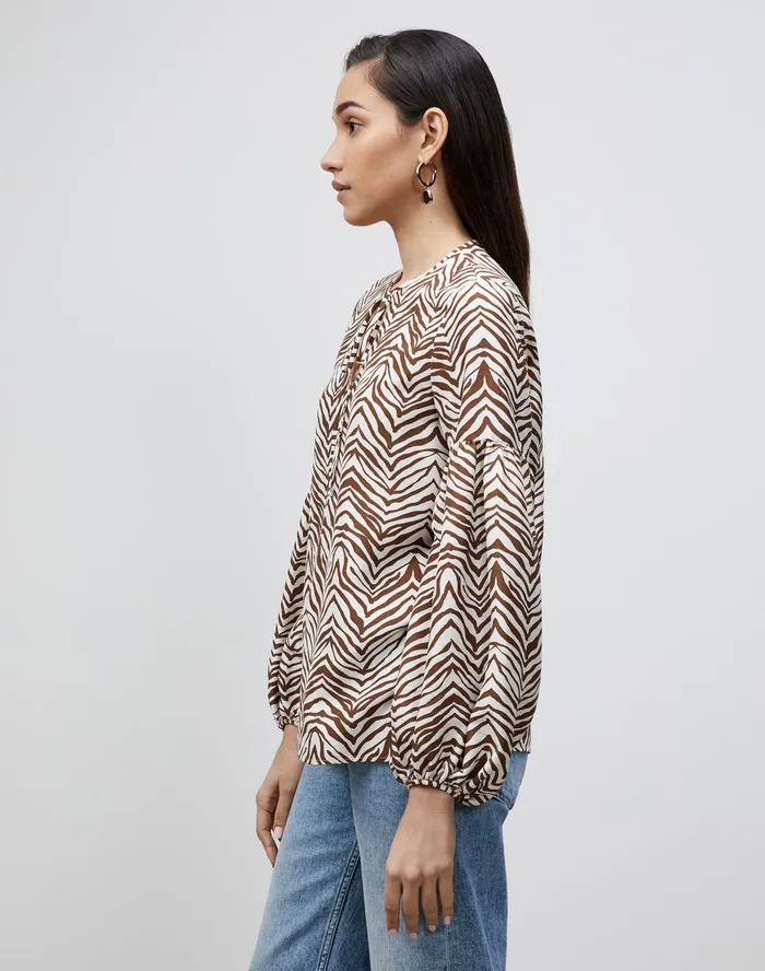 Women Lafayette 148 New York Blouses and Shirts Petite Lupe Blouse In Mini Zevron Print Shantung Mahogany Multi
