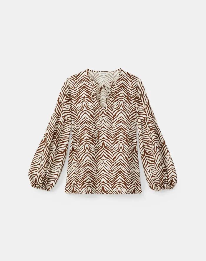 Women Lafayette 148 New York Blouses and Shirts Petite Lupe Blouse In Mini Zevron Print Shantung Mahogany Multi