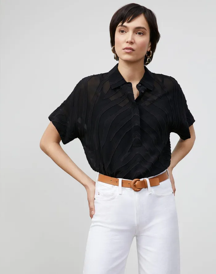 Women Lafayette 148 New York Blouses and Shirts Petite Mavis Blouse In Refined Italian Zevron Jacquard Black