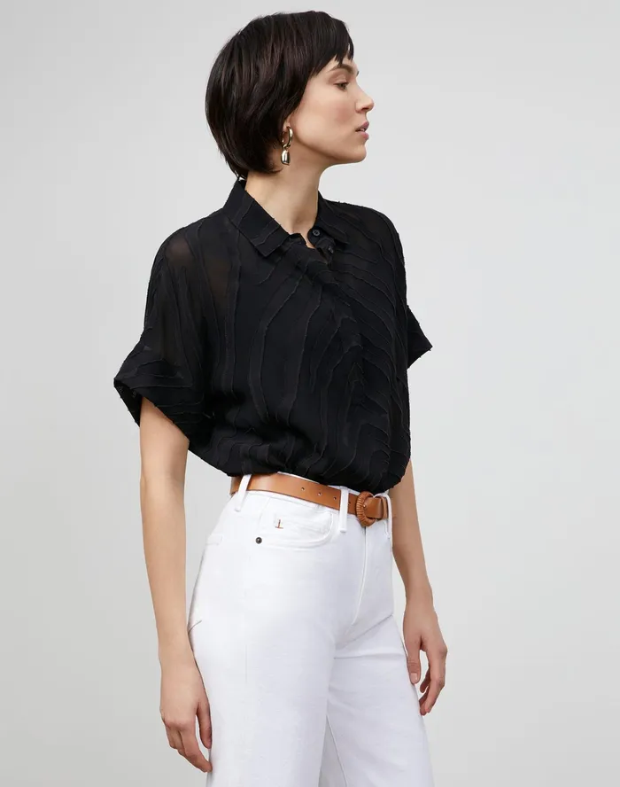 Women Lafayette 148 New York Blouses and Shirts Petite Mavis Blouse In Refined Italian Zevron Jacquard Black