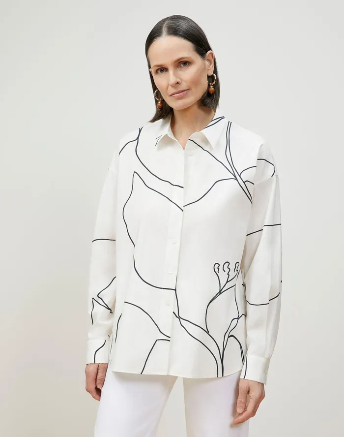 Women Lafayette 148 New York Blouses and Shirts PlusSize Elise Shirt In Winding Leaf Print Italian Cotton White Multi