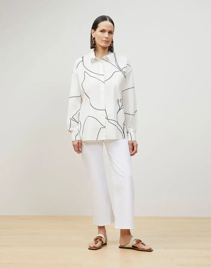 Women Lafayette 148 New York Blouses and Shirts PlusSize Elise Shirt In Winding Leaf Print Italian Cotton White Multi
