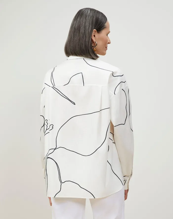 Women Lafayette 148 New York Blouses and Shirts PlusSize Elise Shirt In Winding Leaf Print Italian Cotton White Multi