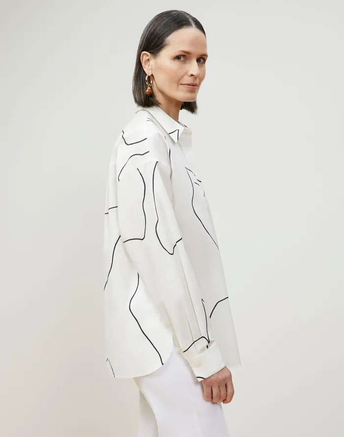 Women Lafayette 148 New York Blouses and Shirts PlusSize Elise Shirt In Winding Leaf Print Italian Cotton White Multi