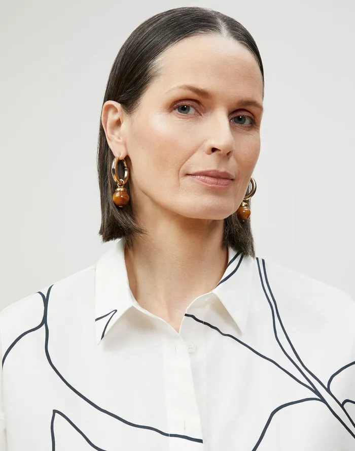 Women Lafayette 148 New York Blouses and Shirts PlusSize Elise Shirt In Winding Leaf Print Italian Cotton White Multi