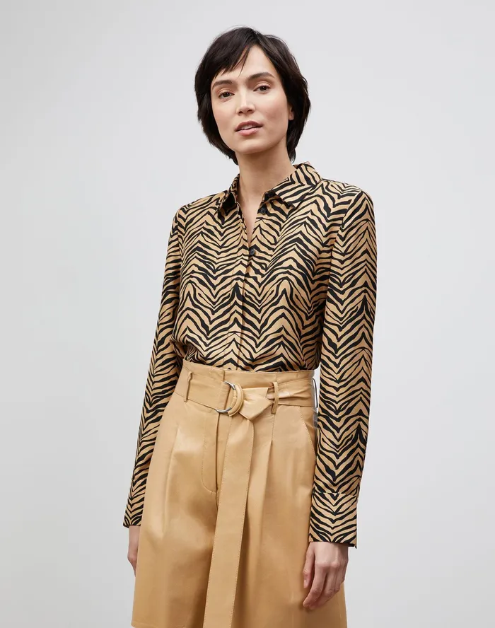 Women Lafayette 148 New York Blouses and Shirts Scottie Blouse In Mini Zevron Print Shantung Honeynut Multi