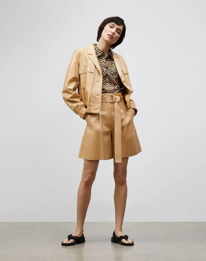 Women Lafayette 148 New York Blouses and Shirts Scottie Blouse In Mini Zevron Print Shantung Honeynut Multi