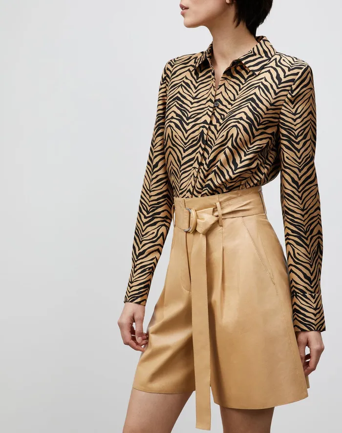 Women Lafayette 148 New York Blouses and Shirts Scottie Blouse In Mini Zevron Print Shantung Honeynut Multi