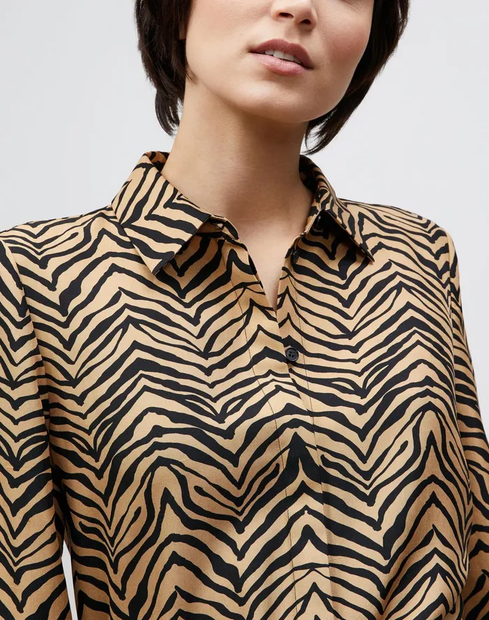 Women Lafayette 148 New York Blouses and Shirts Scottie Blouse In Mini Zevron Print Shantung Honeynut Multi