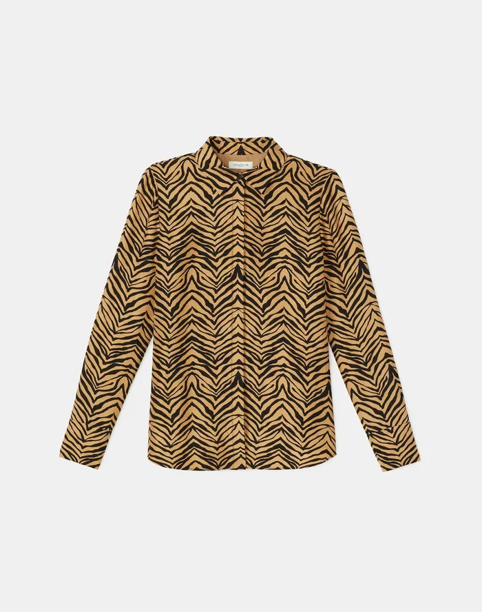 Women Lafayette 148 New York Blouses and Shirts Scottie Blouse In Mini Zevron Print Shantung Honeynut Multi