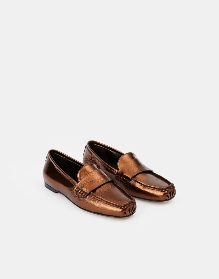 Women Lafayette 148 New York Flats Audette Metallic Nappa Driving Loafer Cappuccino Metallic