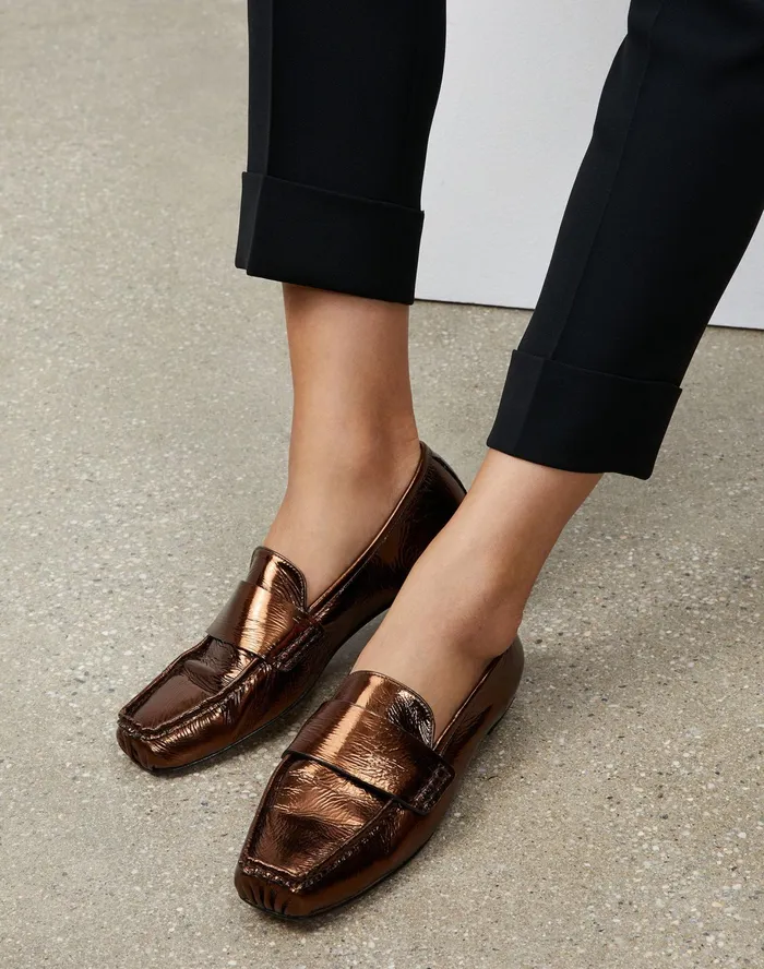 Women Lafayette 148 New York Flats Audette Metallic Nappa Driving Loafer Cappuccino Metallic