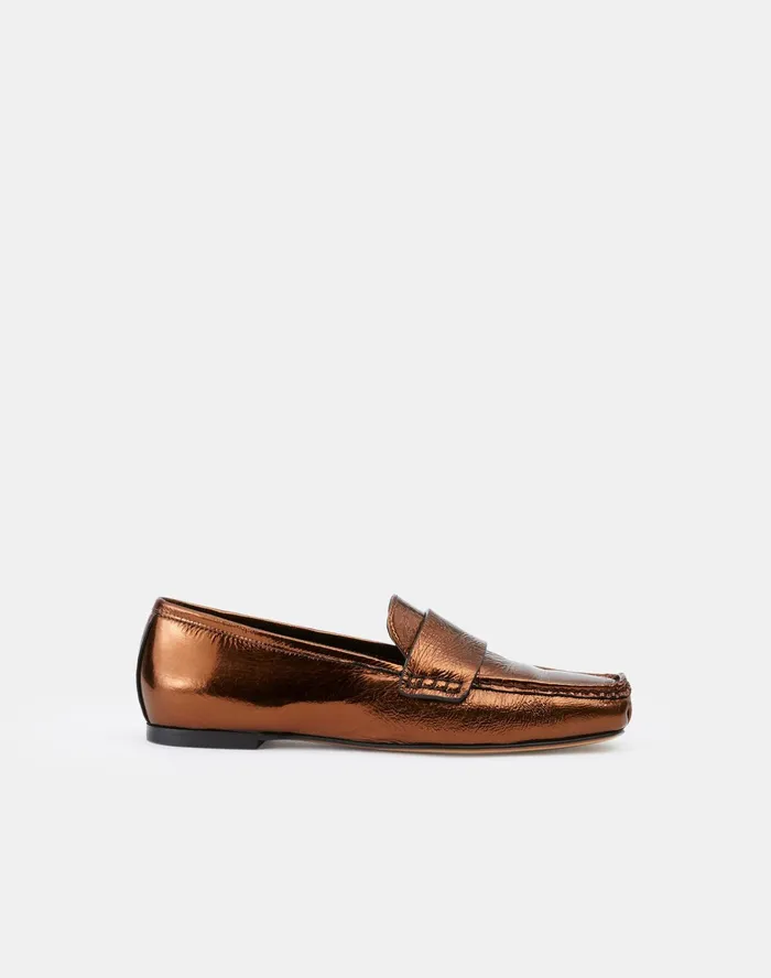 Women Lafayette 148 New York Flats Audette Metallic Nappa Driving Loafer Cappuccino Metallic