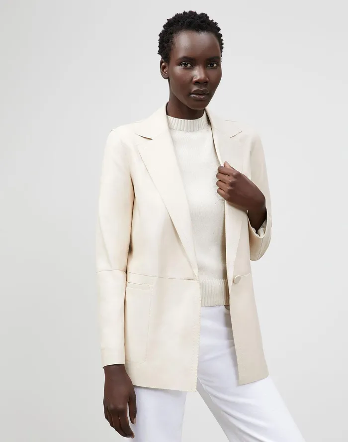 Women Lafayette 148 New York Leathers and Suedes Wynne Blazer In Tissue Weight Lambskin Oyster
