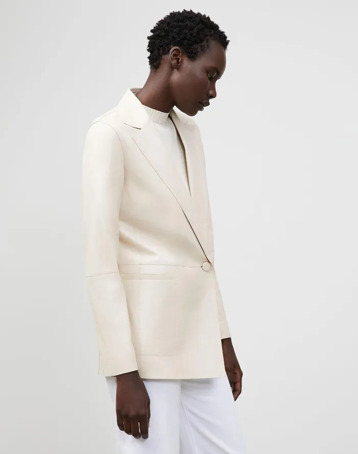 Women Lafayette 148 New York Leathers and Suedes Wynne Blazer In Tissue Weight Lambskin Oyster
