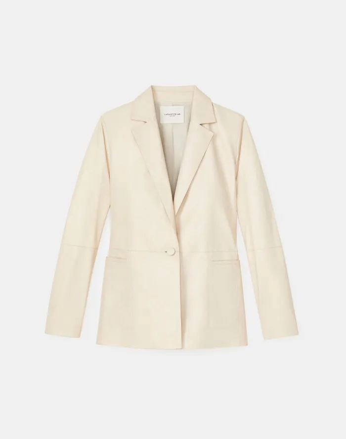 Women Lafayette 148 New York Leathers and Suedes Wynne Blazer In Tissue Weight Lambskin Oyster