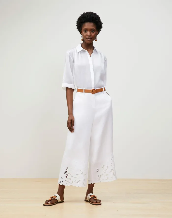 Women Lafayette 148 New York Pants and Shorts Rockefeller Pant In Embroidered Lavish Linen White