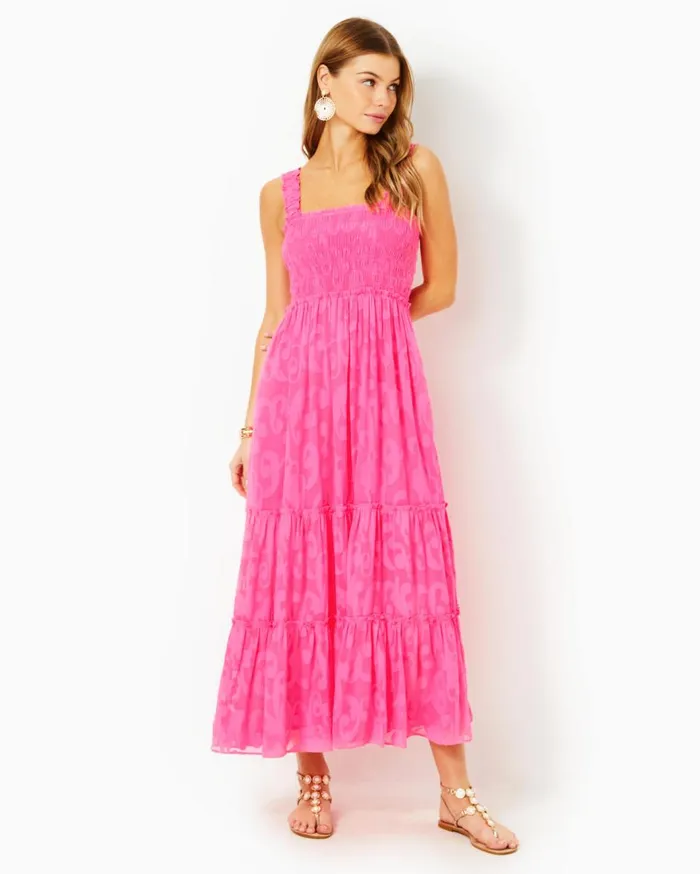 Women Lilly Pulitzer Dresses Hadly Smocked Maxi Dress Roxie Pink Poly Crepe Swirl Clip Women Lilly Pulitzer Dresses Hadly Smocked Maxi Dress Roxie Pink Poly Crepe Swirl Clip