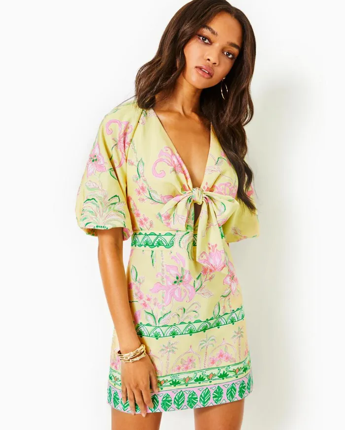 Women Lilly Pulitzer Dresses Soumya Short Sleeve Bow Romper Finch Yellow Tropical Oasis Engineered Romper