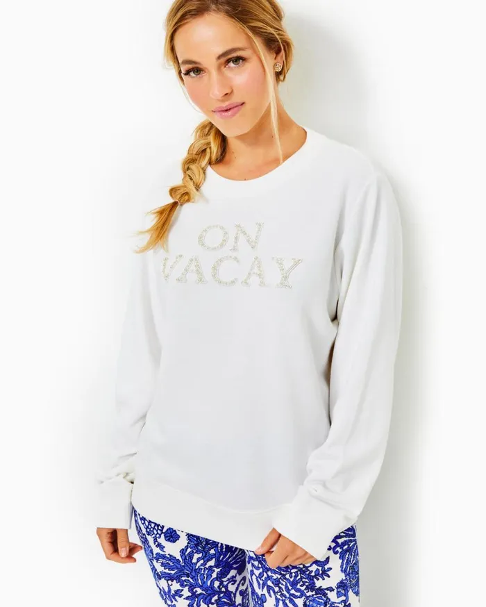 Women Lilly Pulitzer Tops Ballad Cotton Sweatshirt Lunar Blue Crab Embellishment Women Lilly Pulitzer Tops Ballad Cotton Sweatshirt Lunar Blue Crab Embellishment
