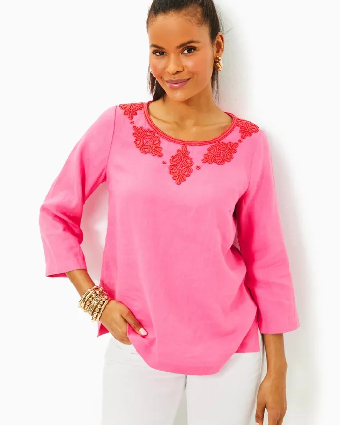 Women Lilly Pulitzer Tops Elyn Beaded Linen Top Confetti Pink