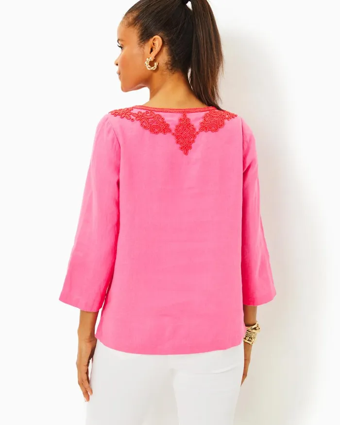 Women Lilly Pulitzer Tops Elyn Beaded Linen Top Confetti Pink Women Lilly Pulitzer Tops Elyn Beaded Linen Top Confetti Pink