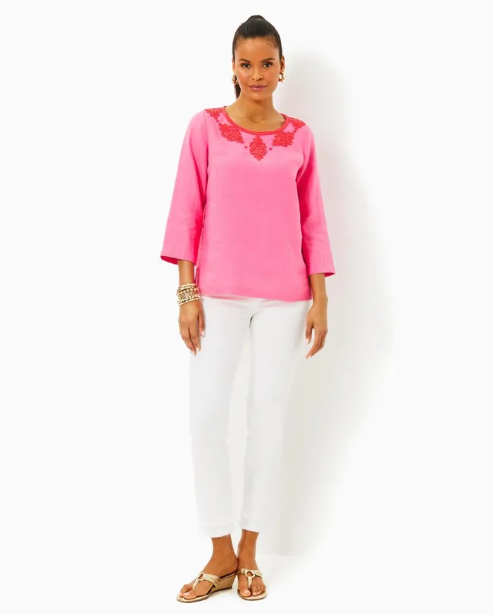 Women Lilly Pulitzer Tops Elyn Beaded Linen Top Confetti Pink Women Lilly Pulitzer Tops Elyn Beaded Linen Top Confetti Pink