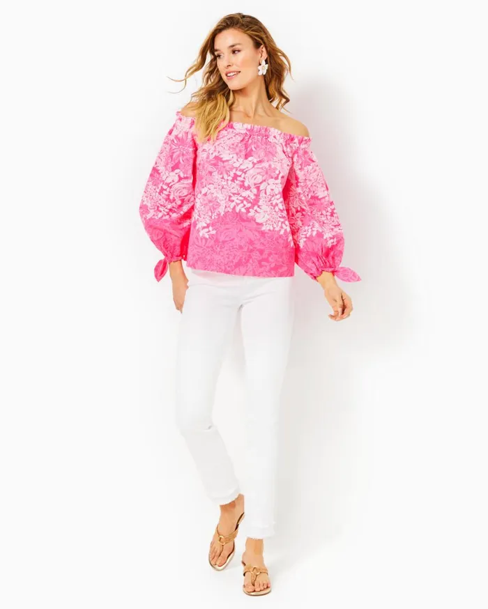 Women Lilly Pulitzer Tops Jamielynn OffTheShoulder Top Roxie Pink Shadow Dancer Engineered Woven Top Women Lilly Pulitzer Tops Jamielynn OffTheShoulder Top Roxie Pink Shadow Dancer Engineered Woven Top