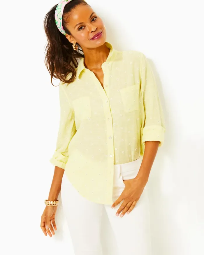 Women Lilly Pulitzer Tops Sea View Linen Button Down Top Beckon Blue X Sea Salt Women Lilly Pulitzer Tops Sea View Linen Button Down Top Beckon Blue X Sea Salt