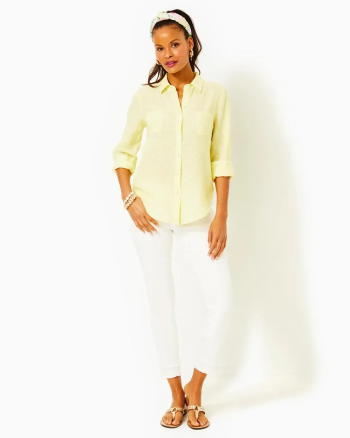 Women Lilly Pulitzer Tops Sea View Linen Button Down Top Beckon Blue X Sea Salt Women Lilly Pulitzer Tops Sea View Linen Button Down Top Beckon Blue X Sea Salt